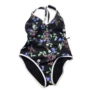 Athleta Gold Coast One Piece Swimsuit Black Floral Womens Small. Missing Belt